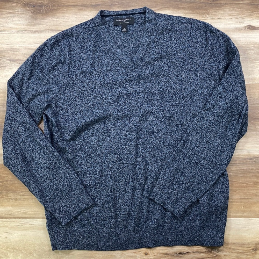 Banana Republic V-Neck Sweater Mens L Minimalist Silk Cashmere Blend Navy Blue